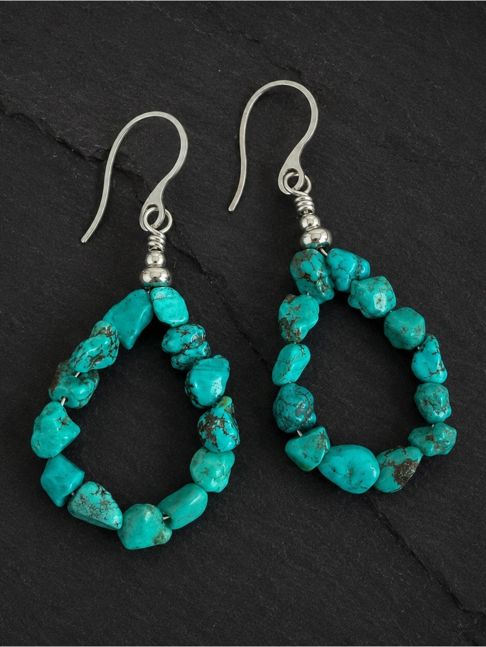 Rustic handcrafted turquoise nugget teardrop hoop earrings in stainless steel